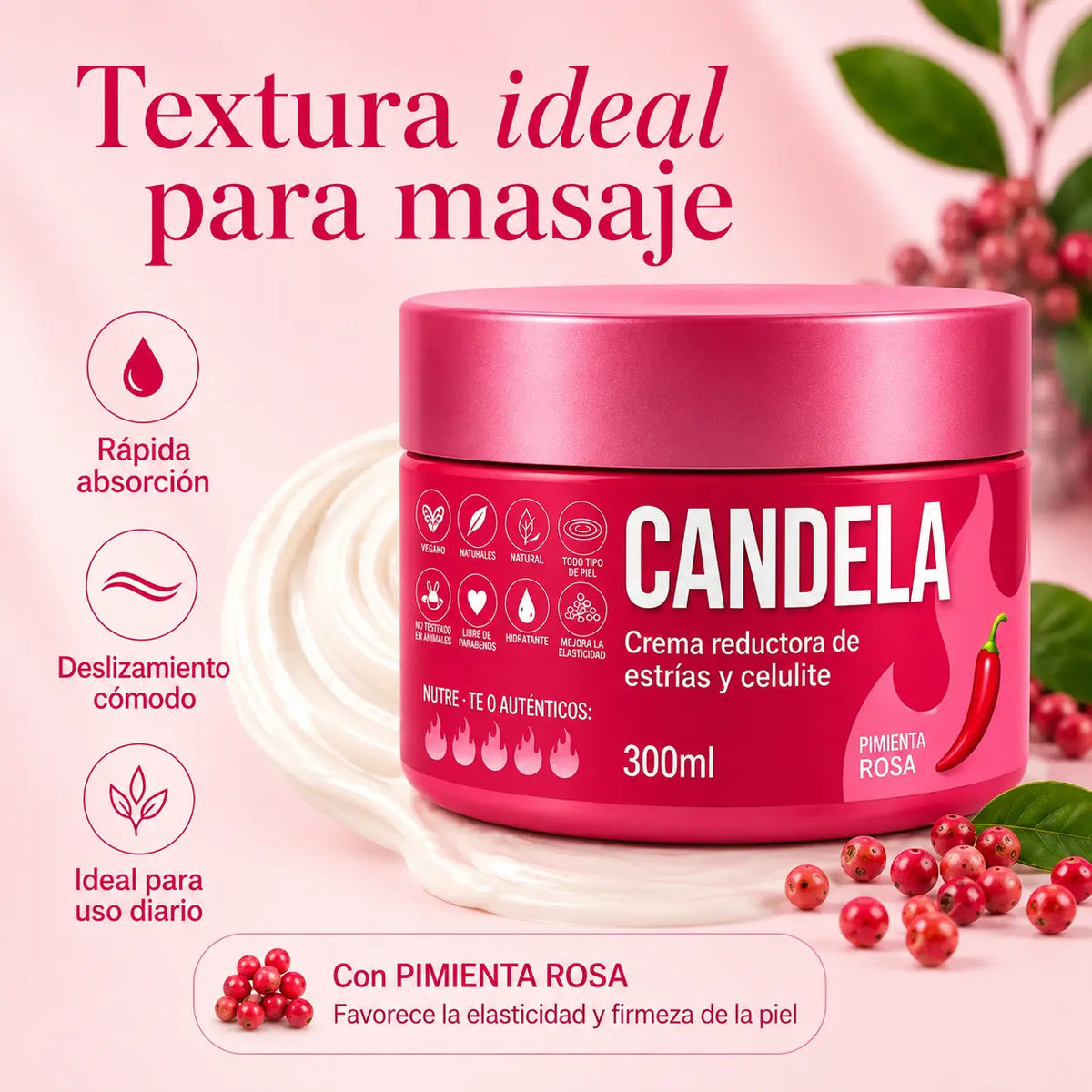 Textura de la crema CANDELA extendida sobre la piel