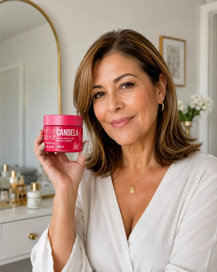 Mujer joven mostrando la crema CANDELA