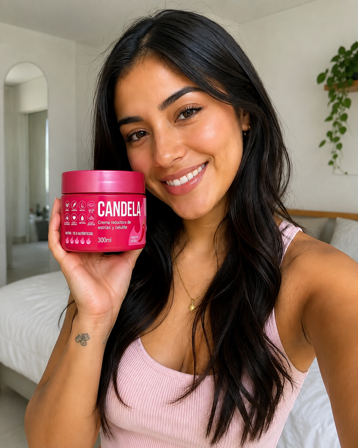 Mujer mostrando la crema corporal CANDELA